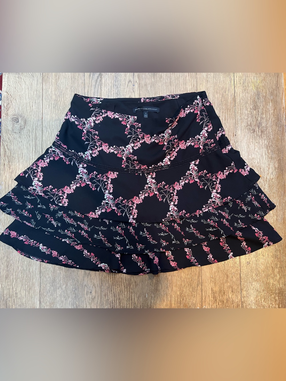 White House Black Market Black Mini Skirt with Pink Floral Ruffles